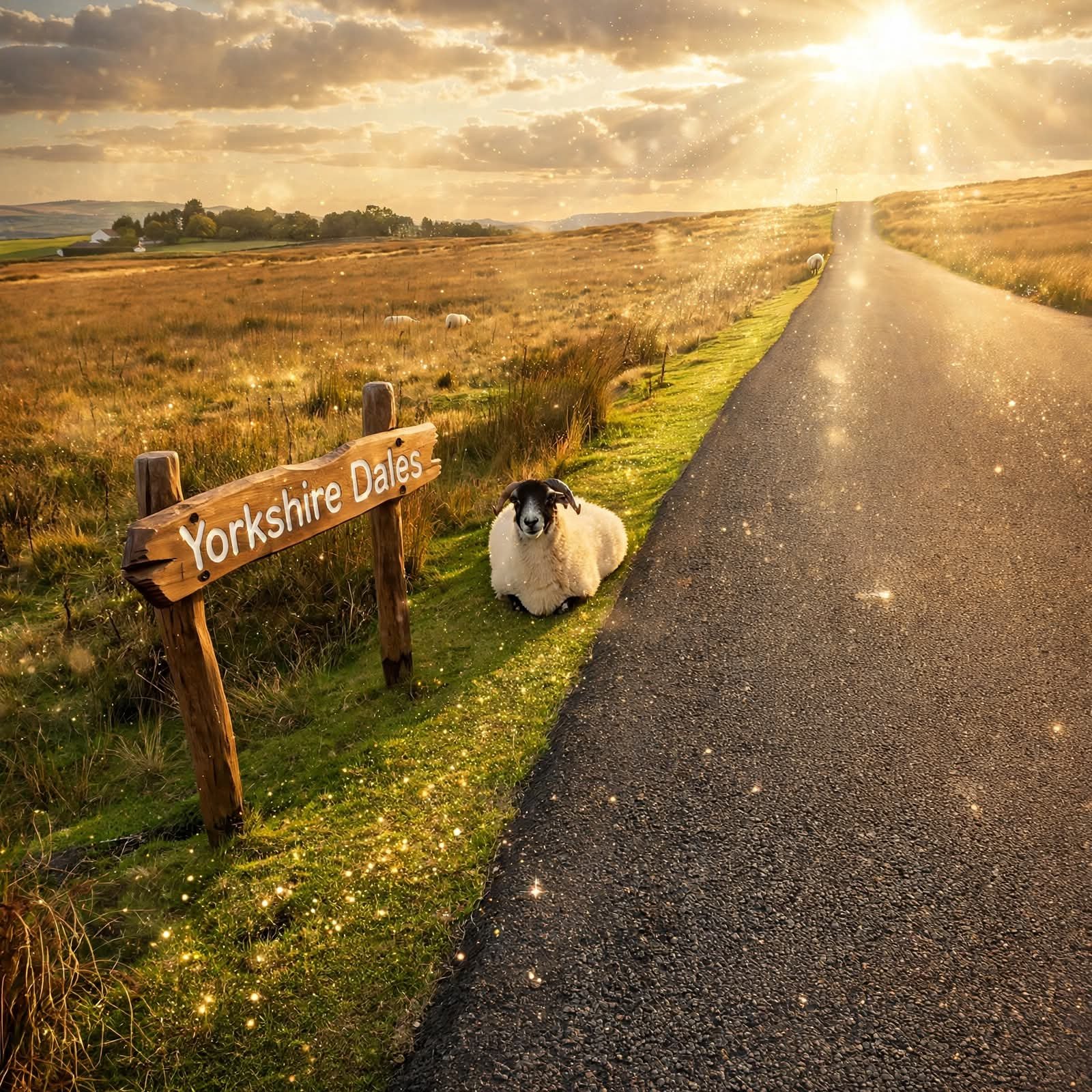 A sheep sitting on grass beside a dirt road in a rural landscape with field and trees, under a partly cloudy sky and sunlight.