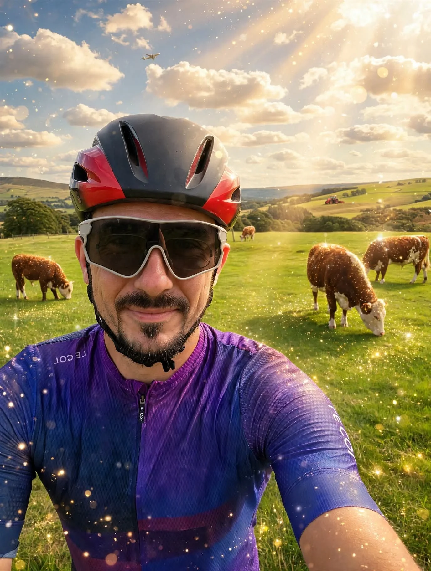 A man wearing a black and red bike helmet and sunglasses taking a selfie in a green field with cows, rolling hills, and a blue sky with scattered clouds in the background. The photo has added sparkle effects.