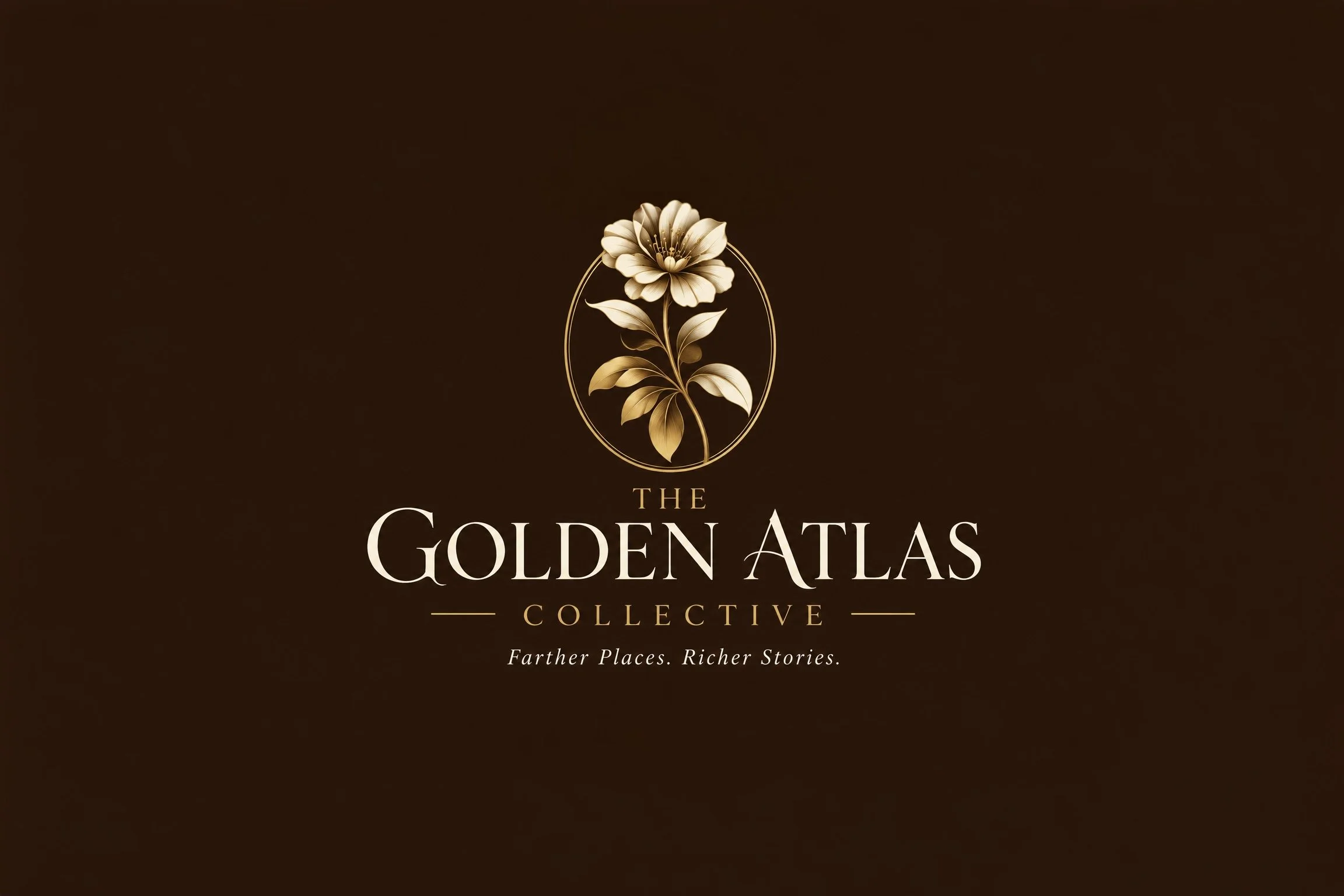 Dark brown background with a gold-colored flower illustration centered above the text 'The Golden Atlas Collective' and the tagline 'Farther Places. Richer Stories.'