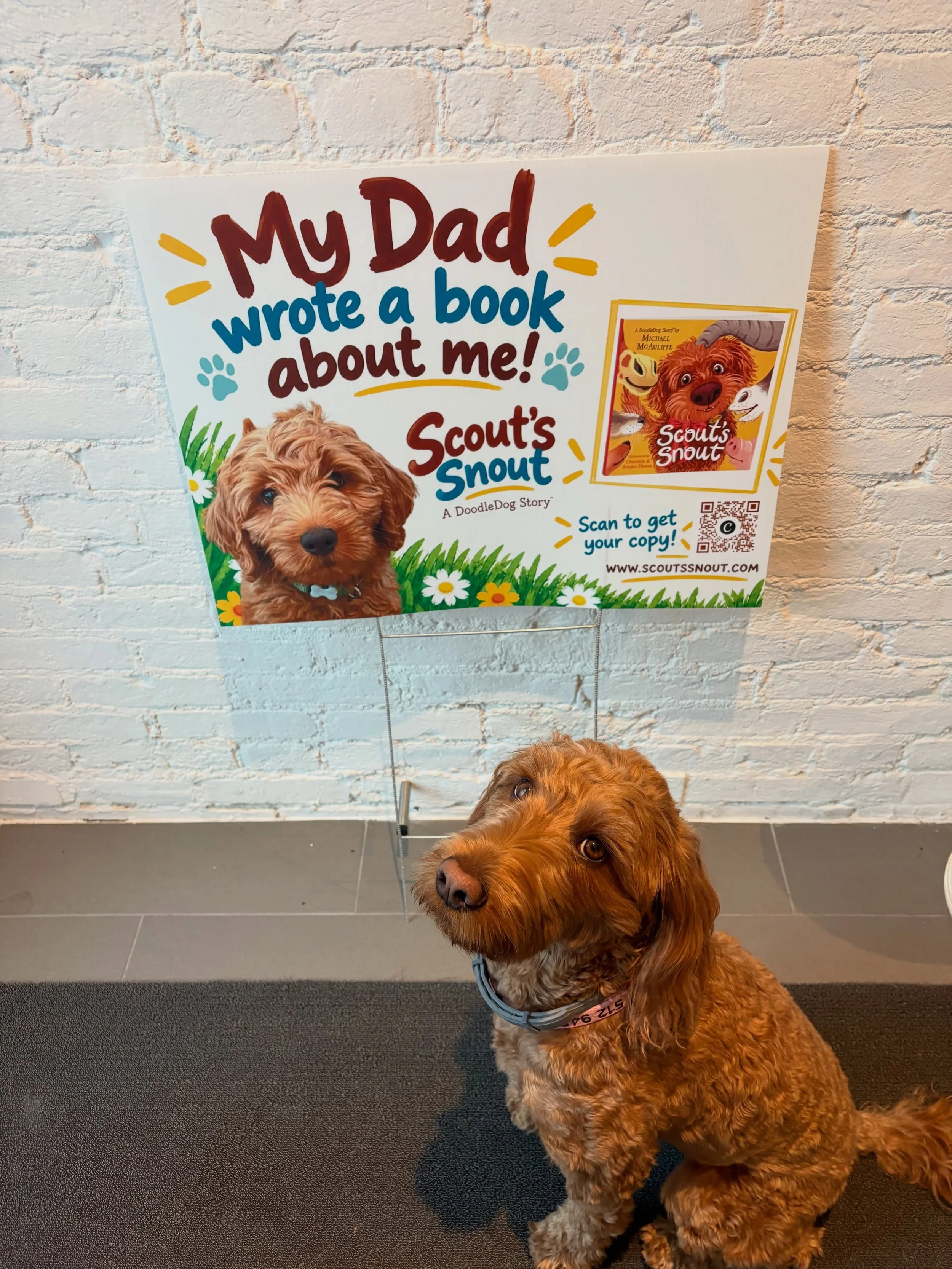 My sister made me a sign to help promote our new book!!! 📚🐾

I&rsquo;m taking my marketing responsibilities very seriously, as you can see.

Anyway, have you gotten your copy yet?! Link in bio! ❤️

#ScoutsSnout #DoodleDog #DogsofInstagram #Children