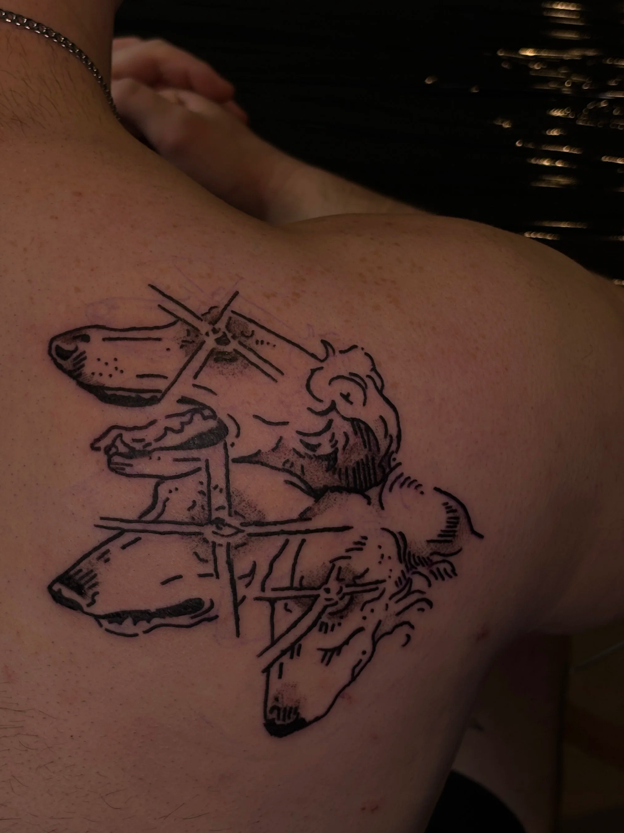 A tattoo of a detailed horse with geometric elements located on a person's side torso.