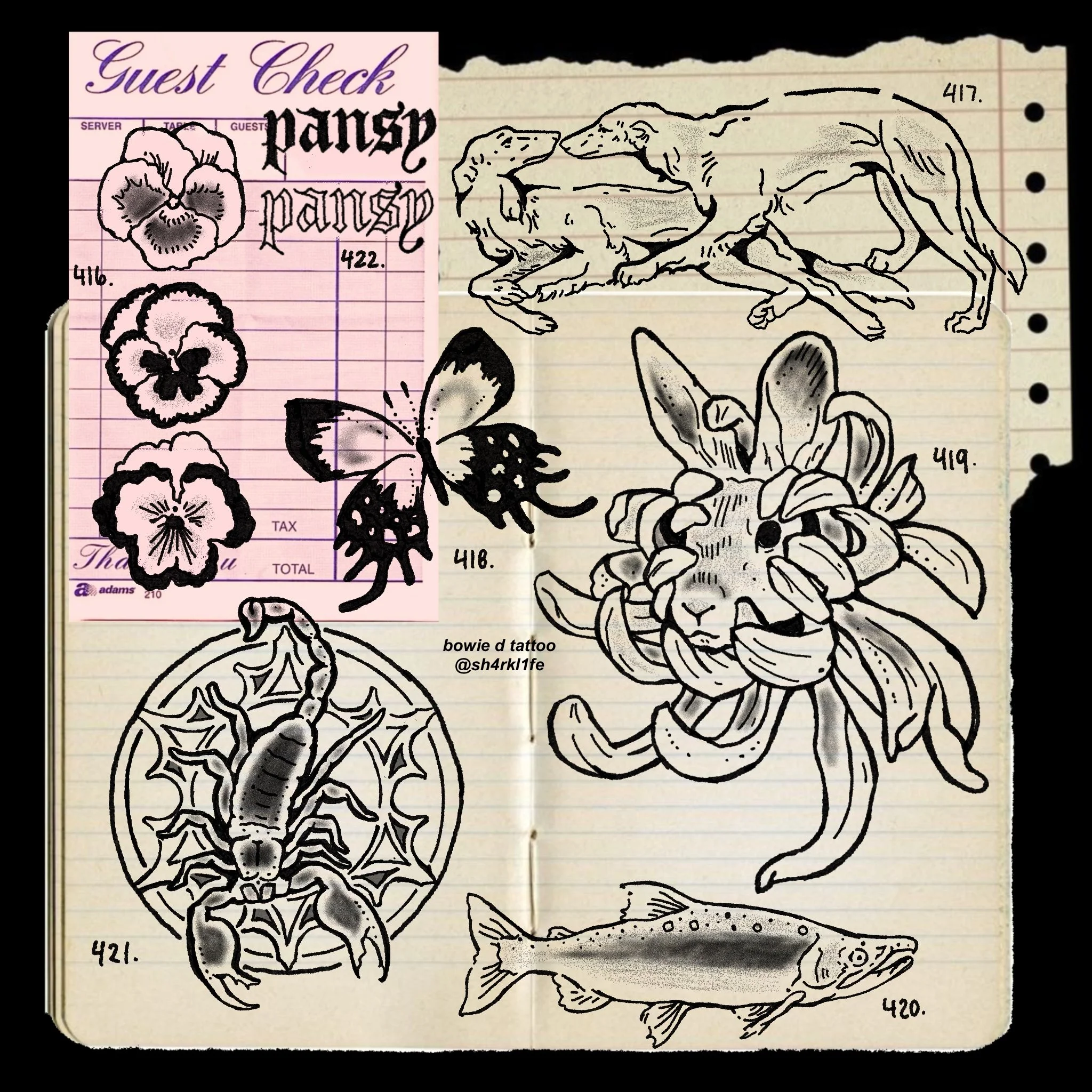 A tattoo sketch on lined notebook paper of a dog lying down with its head resting on its paws, featuring detailed line work and shading. The image also includes sections of hand-drawn flowers, butterflies, and a partially visible tattoo design. There