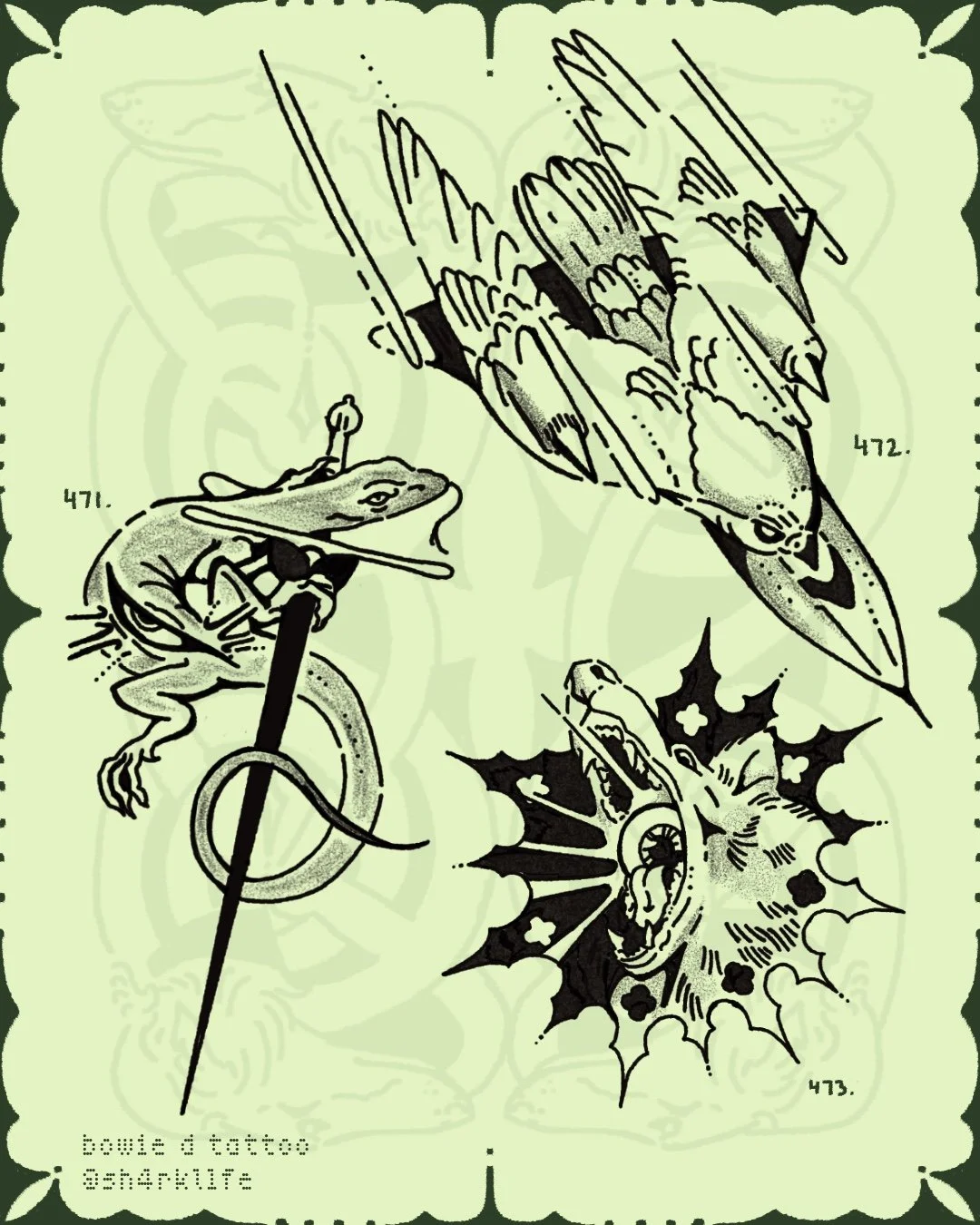 hawk tattoo design. lizard tattoo design. heavy blackwork.