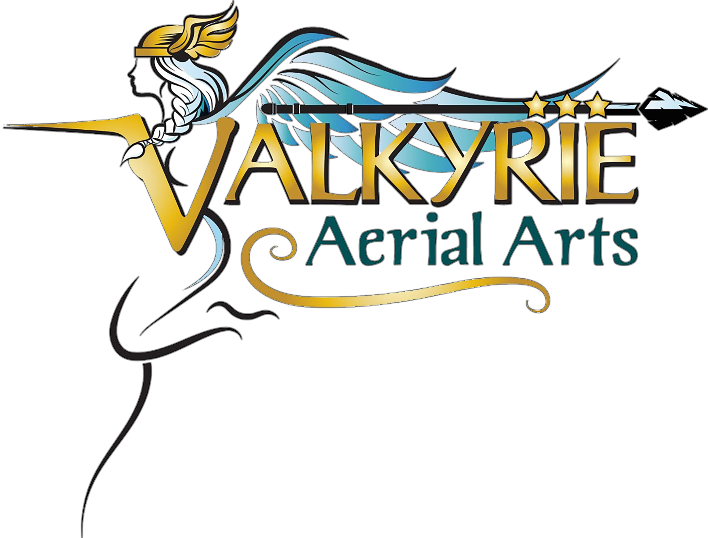 Valkyrie Aerial Arts logo featuring a winged female figure, sword, stars, and gold and teal lettering on a black background