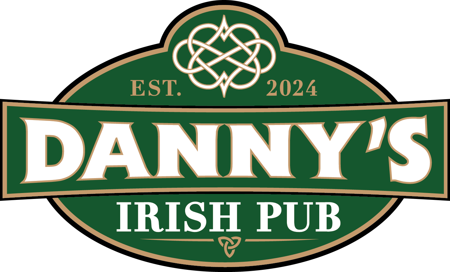 Danny’s Irish Pub logo in green, white, and gold with Celtic knotwork and “Est. 2024”