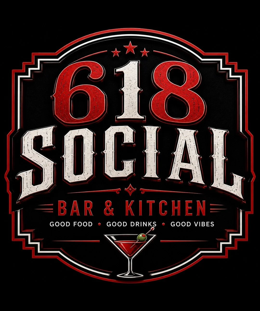 61 Social Bar & Kitchen logo with red and white lettering, cocktail glass, and the tagline “Good Food • Good Drinks • Good Vibes.”