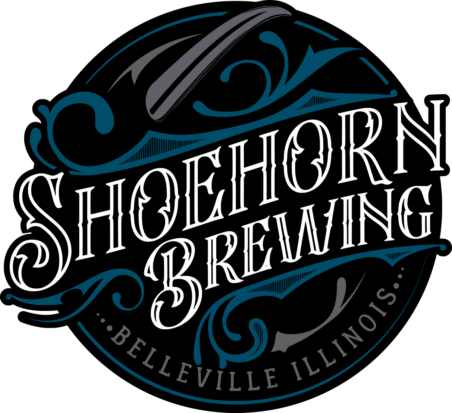 ShopHorn Brewing Co. logo featuring ornate blue and gray flourishes, stylized white lettering, and Belleville, Illinois text