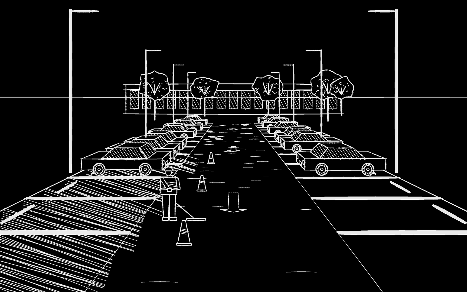 Line drawing of a parking lot with cars, trees, and streetlights, viewed from the entrance.