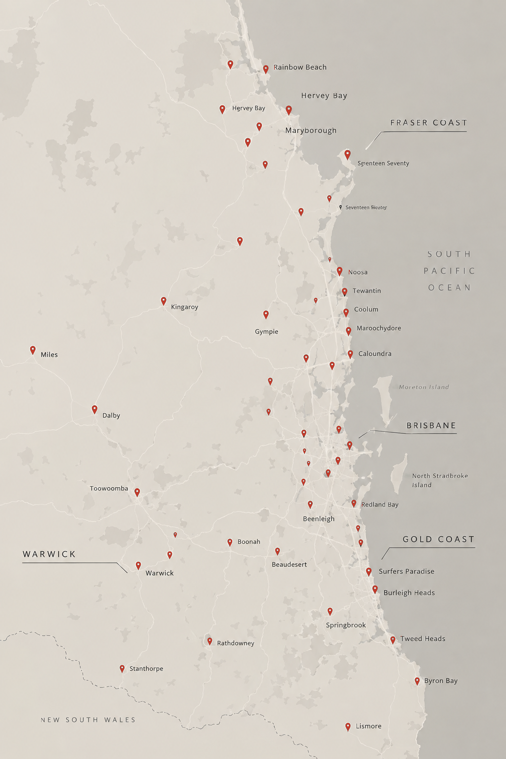Map of Peak Pavement Co.’s service area covering Rainbow Beach, Hervey Bay, Maryborough, Fraser Coast, South Pacific Ocean, Brisbane, Gold Coast, Warwick, New South Wales, and other smaller localities.