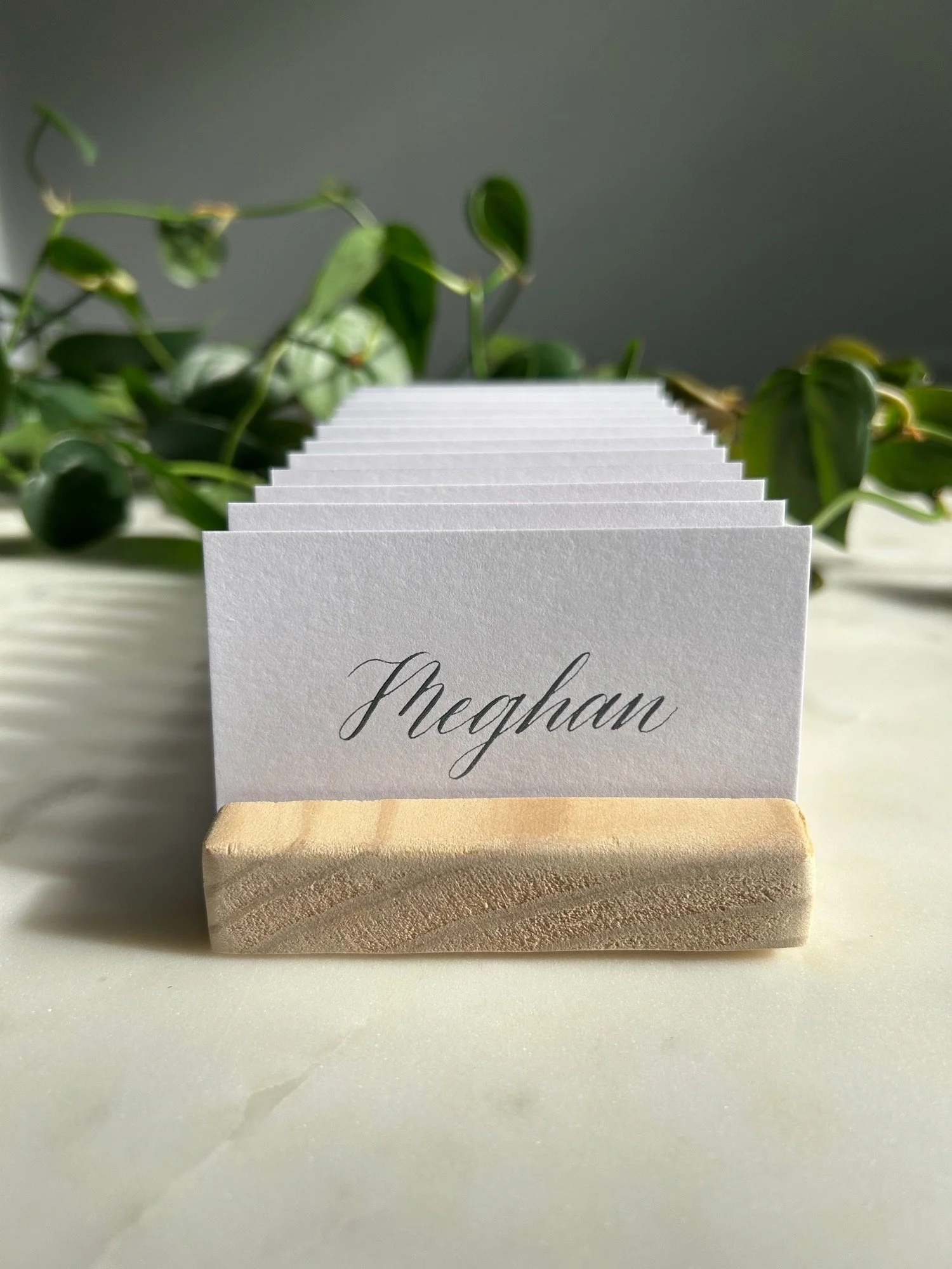 White event place cards with names written in calligraphy in blue ink