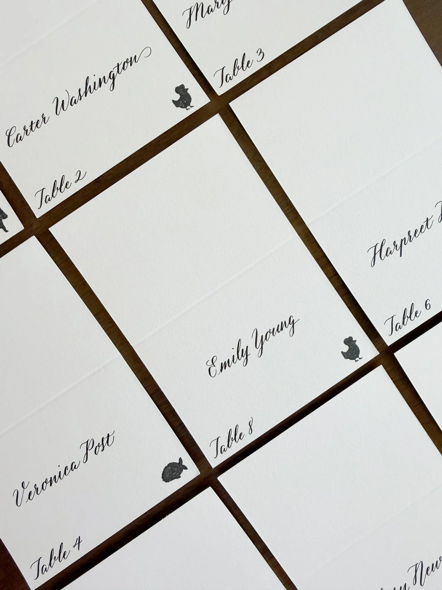 Wedding escort cards with table numbers and meal choice icons