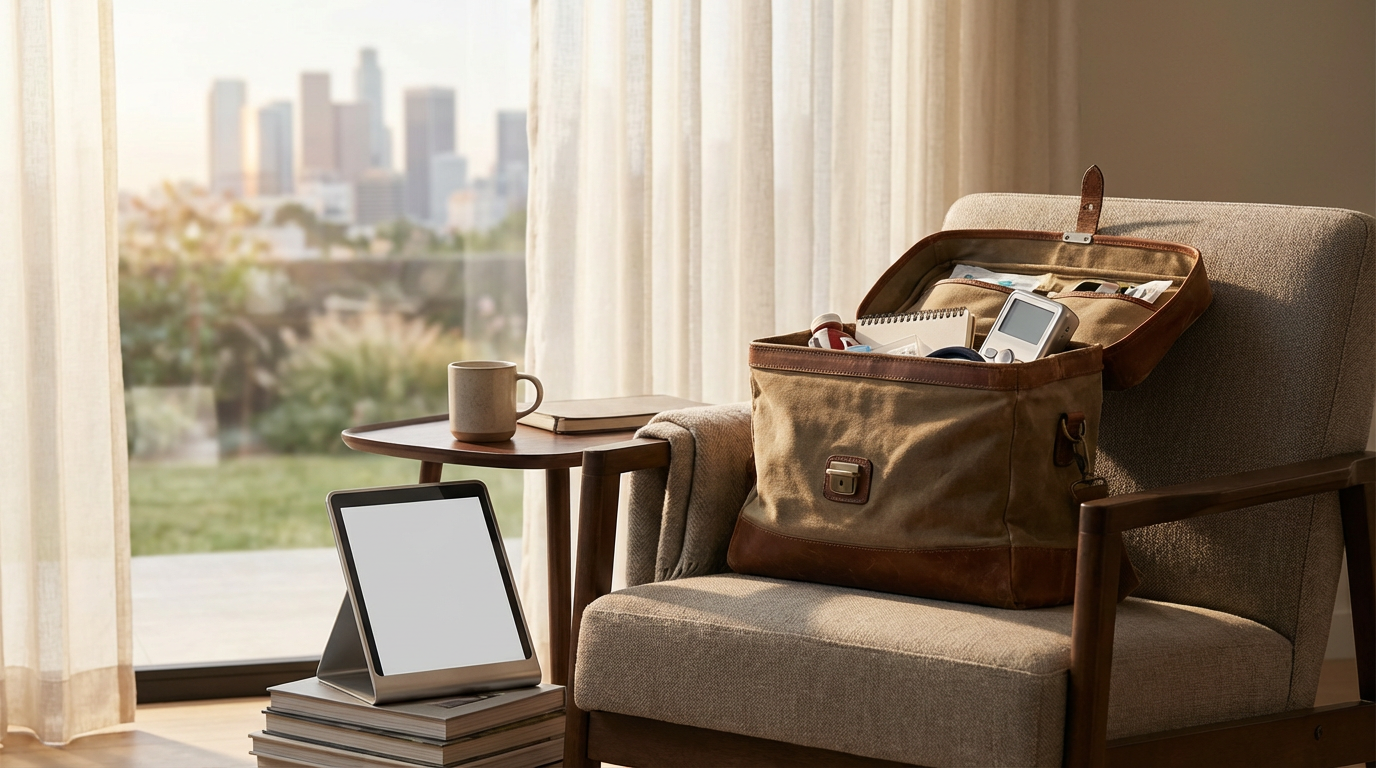 A beige armchair with a travel bag containing a thermometer, notebook, and personal items used to care for the patient in the home. An open hospital in a bag