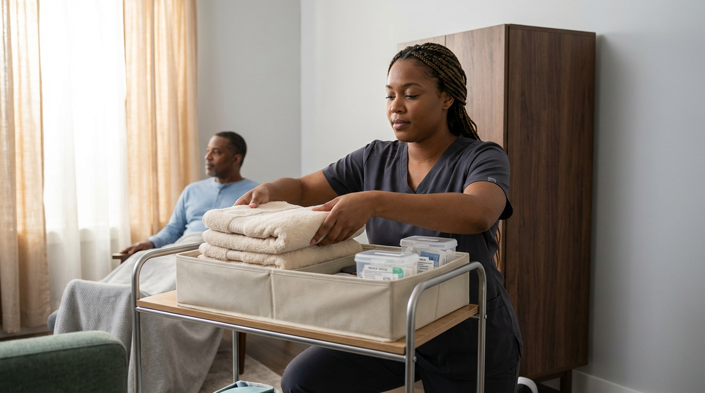 A female nurse preparing folded towels and medical supplies on a cart in a hospital room, with a patient sitting in a chair in the background.