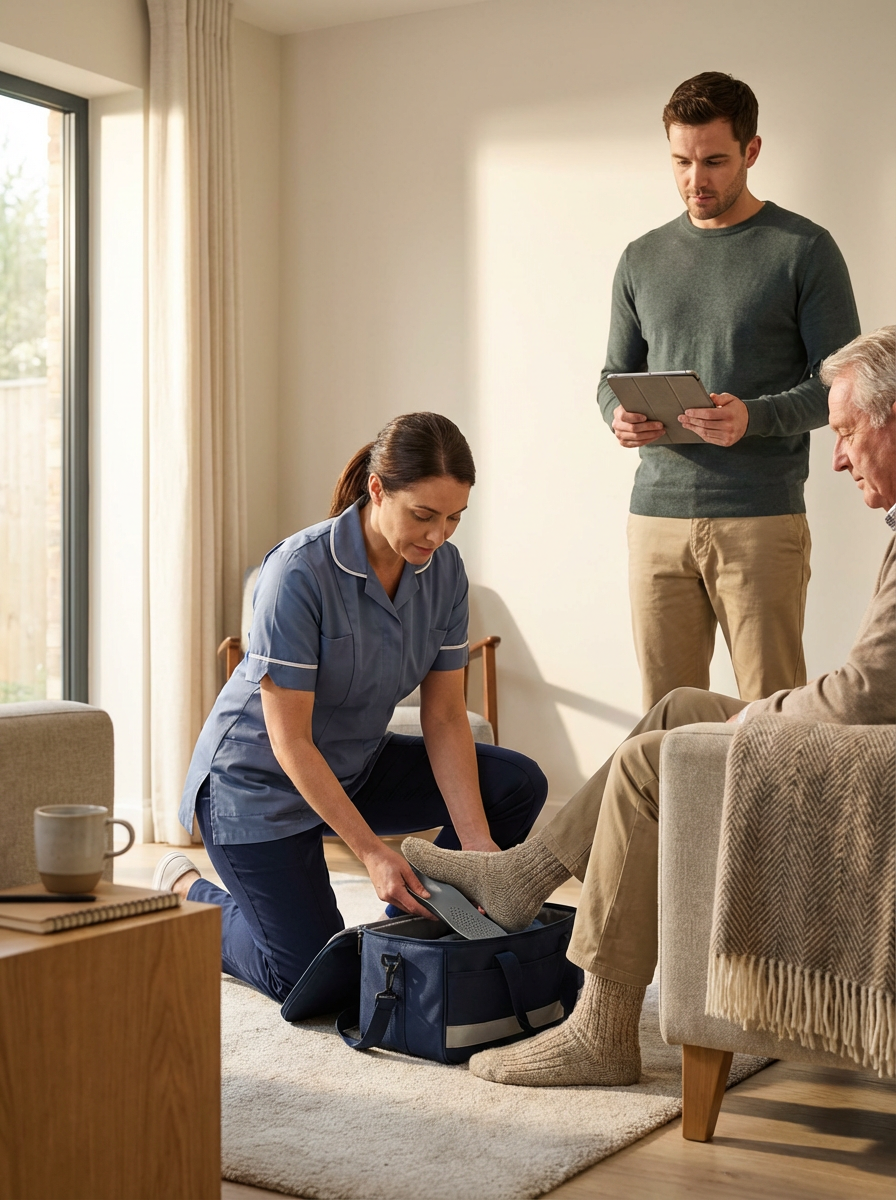 A nurse assisting an elderly man in putting on a medical sock or compression stocking, while a younger man holds a tablet nearby in a living room with natural light.