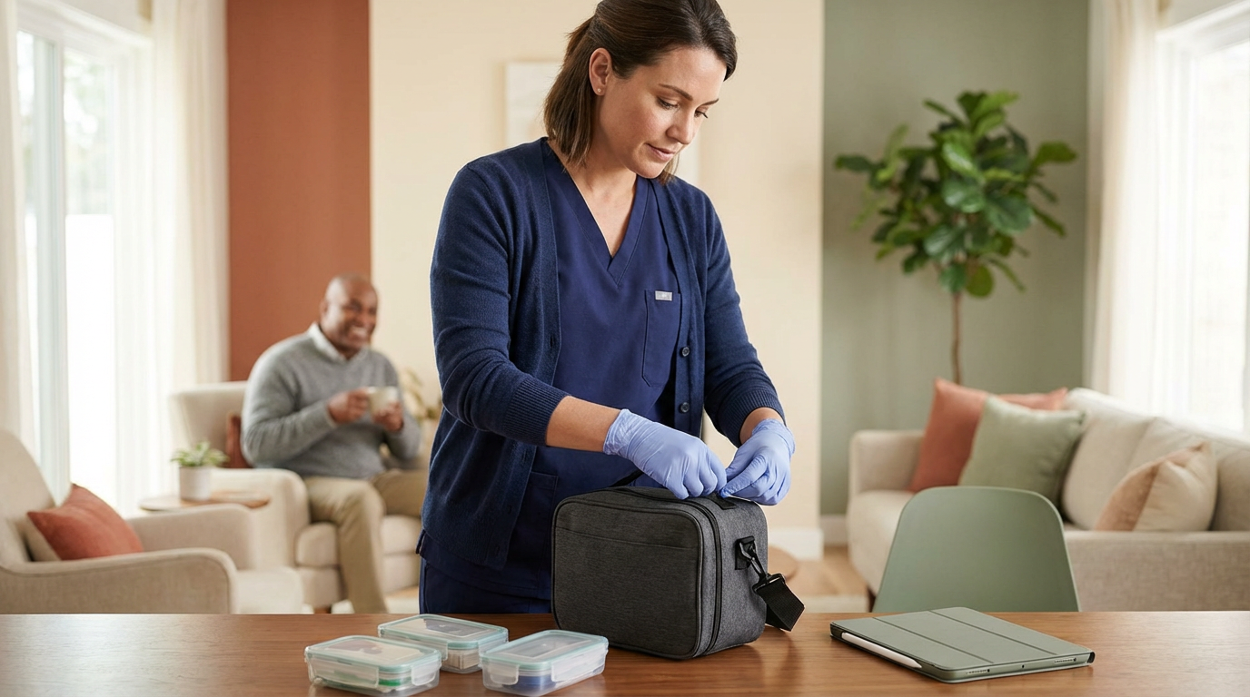 A woman in blue scrubs and gloves packing a small black bag on a table with medical supplies, while a man in the background sitting on a sofa holds a mug and smiles.