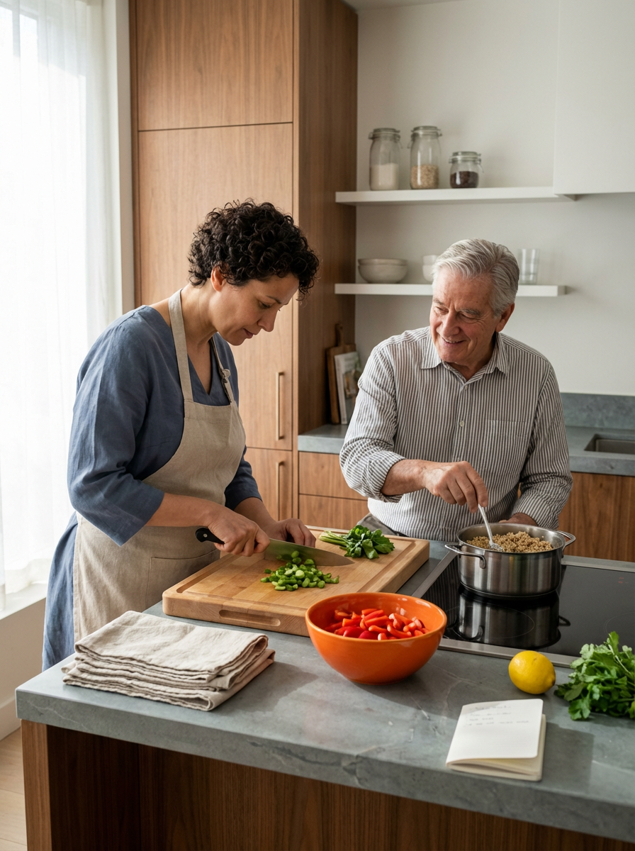 A woman chopping green onions and an older man stirring a pot on the stove in a modern kitchen.