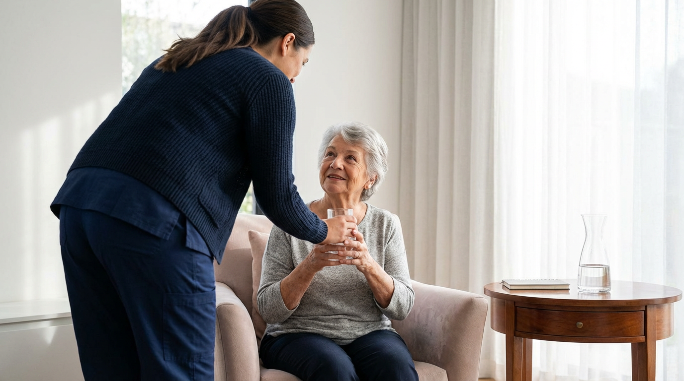 A young woman is handing a glass of water to an elderly woman sitting on a sofa in a bright living room.
