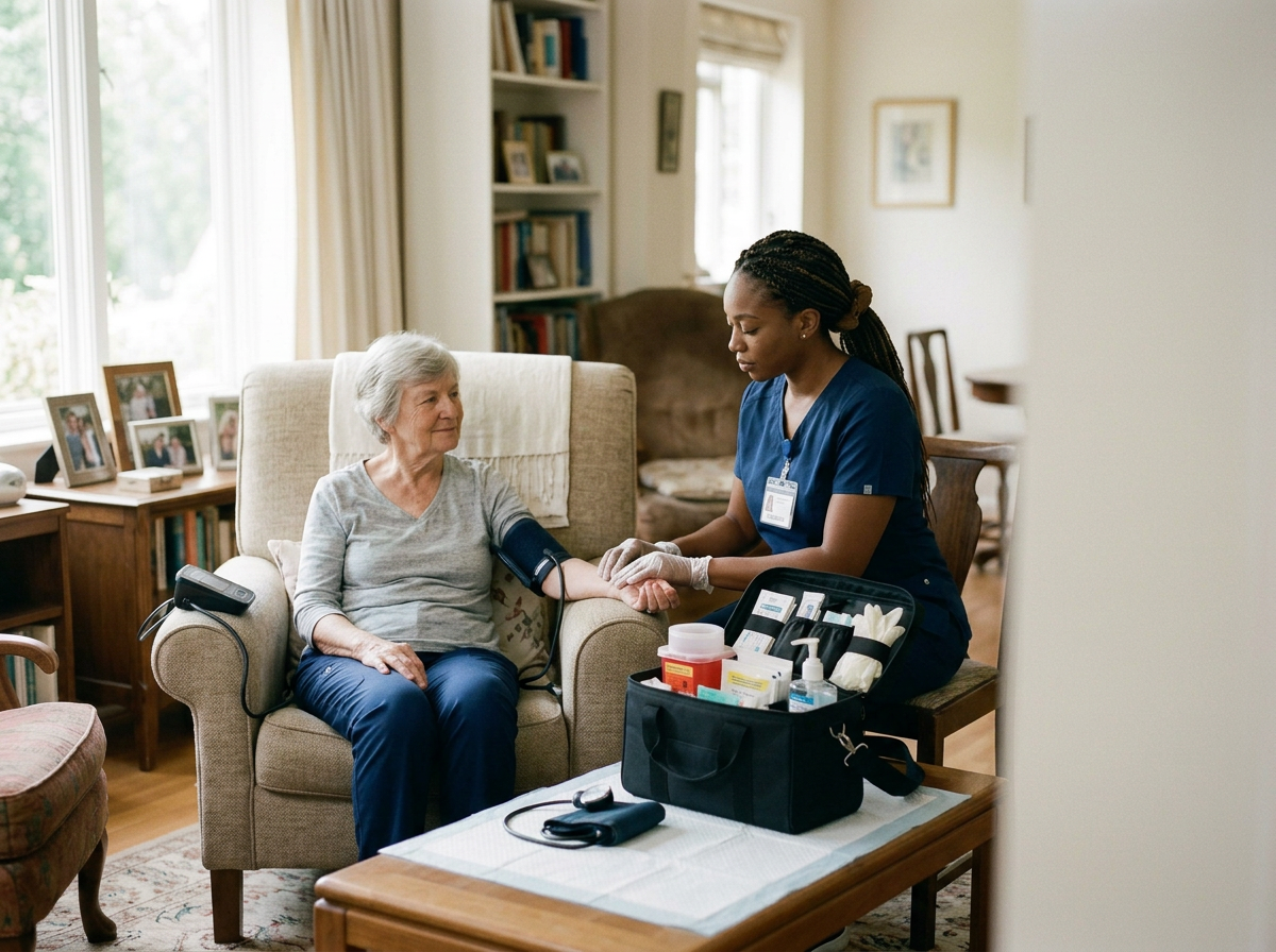 Nursing assistant taking the blood pressure of an elderly woman sitting in a beige armchair in a cozy living room.
