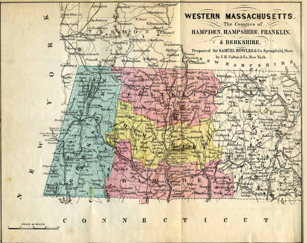 Map of western Massachusetts counties including Hampden, Hampshire, Franklin, and Berkshire, highlighting towns, roads, and geographical features.
