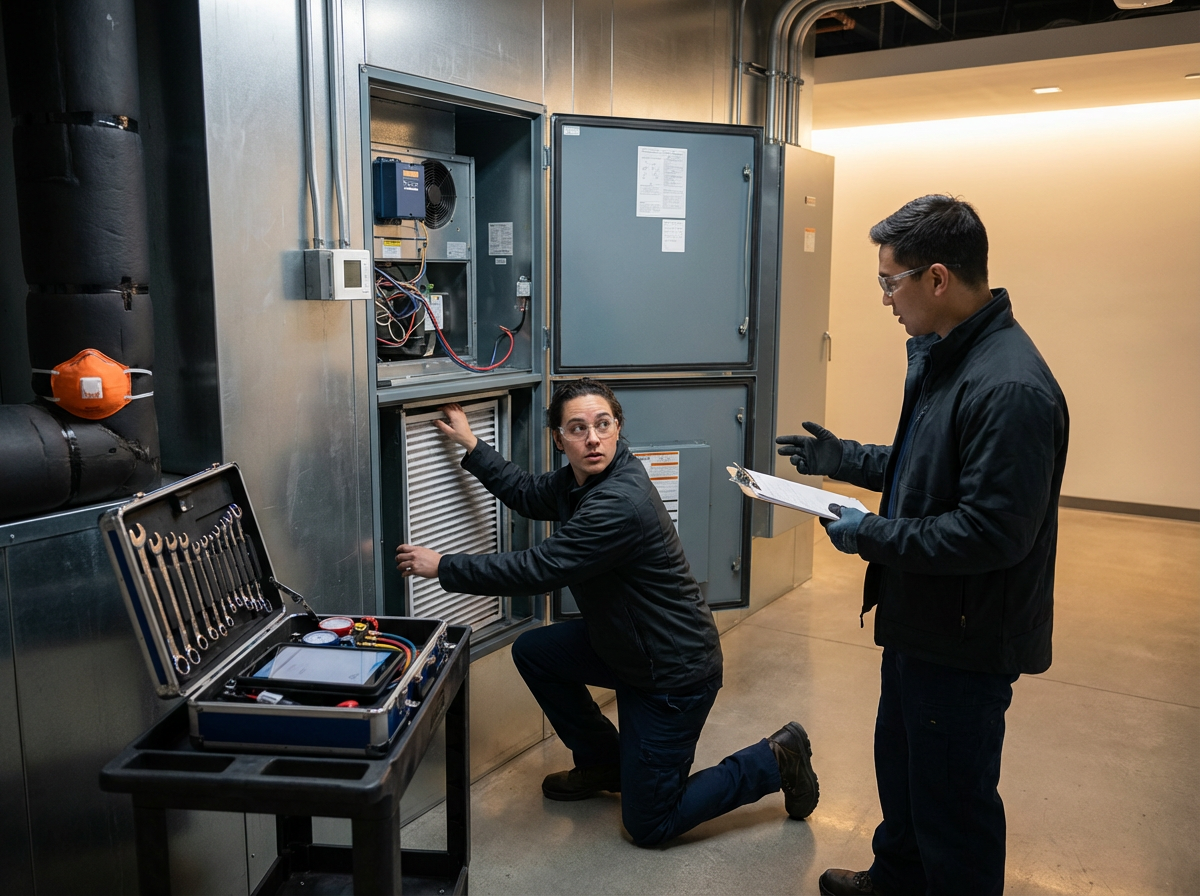 Two technicians working on an electrical or HVAC unit inside a facility. One technician is kneeling and inspecting the unit, while the other is standing and taking notes.