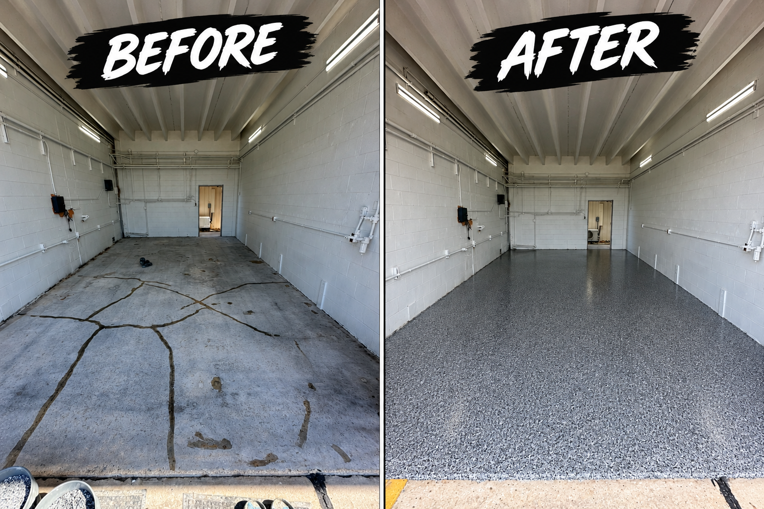Side-by-side comparison of a garage before and after remodeling. The 'Before' side shows a concrete floor with cracks and a pair of shoes. The 'After' side features a polished, textured floor and a clean, finished appearance.