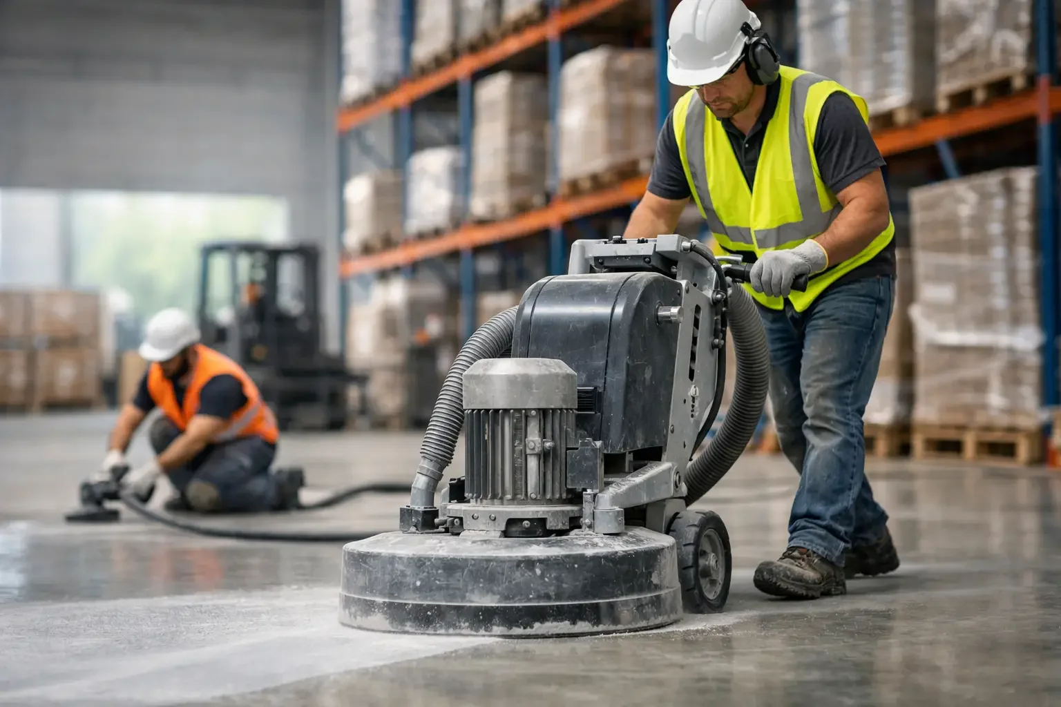 Two workers wearing safety gear are using industrial floor polishing machines in a warehouse with shelves of boxes.