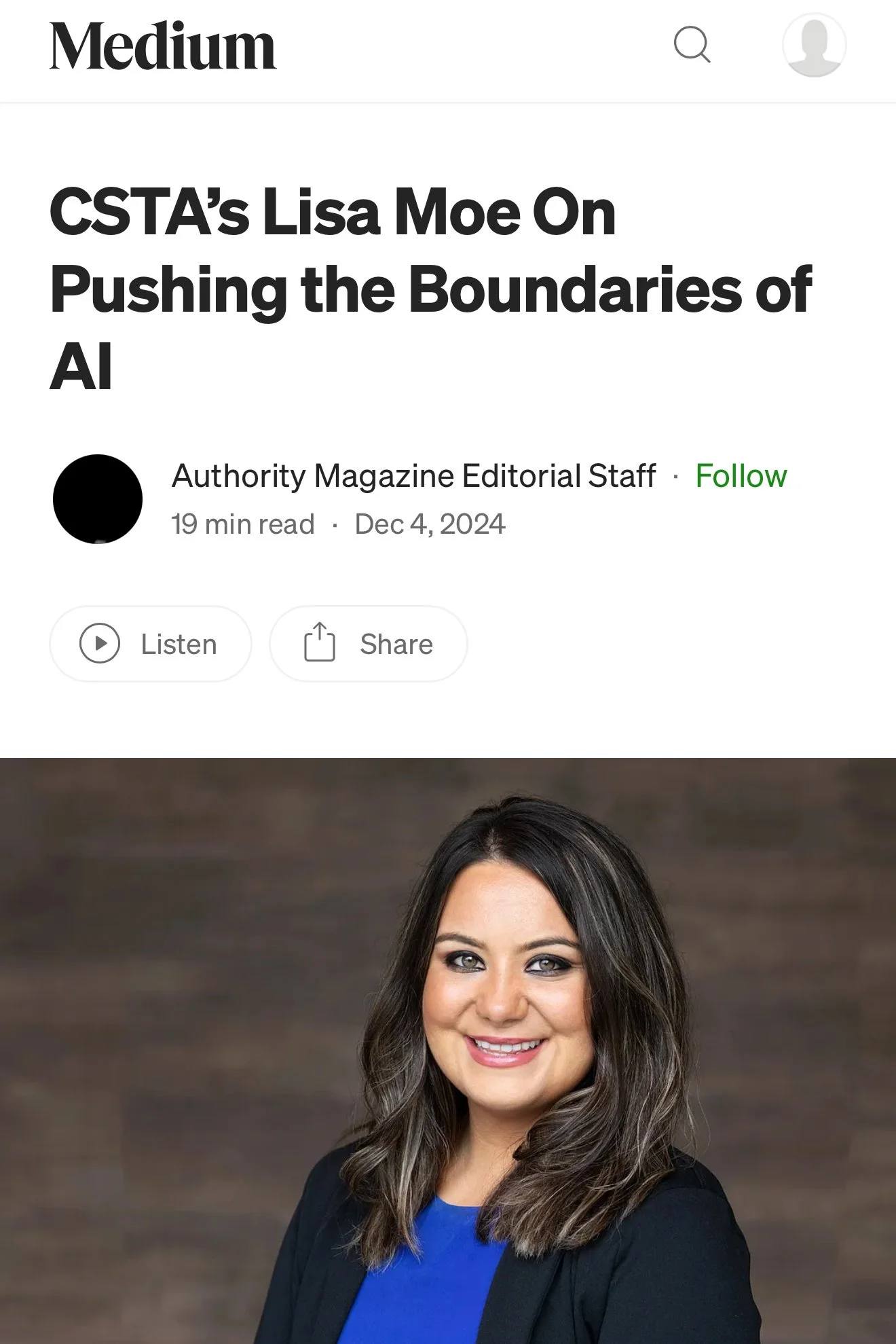 Authority Magazine article on Medium titled CSTA's Lisa Moe On Pushing the Boundaries of AI, with a headshot of Lisa Moe