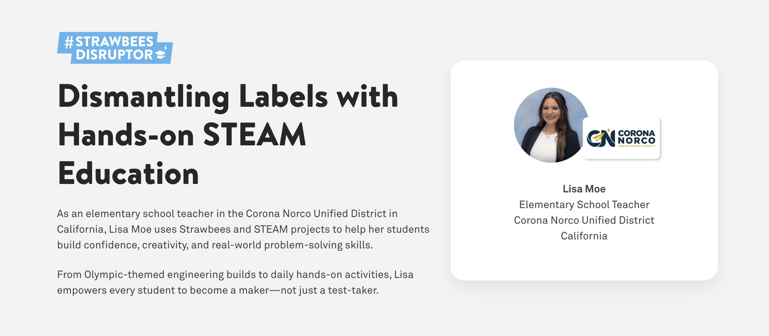 Strawbees Disruptor feature titled Dismantling Labels with Hands-on STEAM Education, with a profile card for Lisa Moe