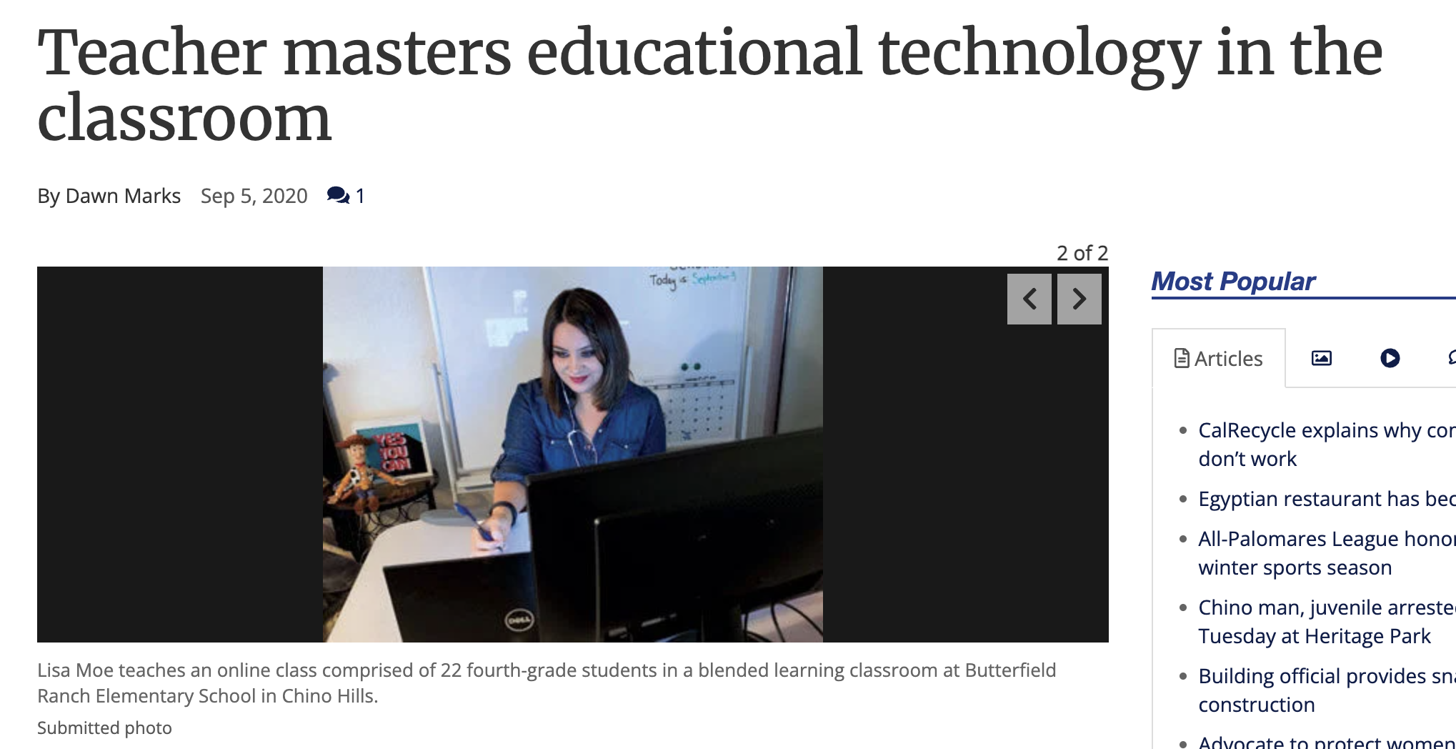 Newspaper article titled Teacher masters educational technology in the classroom, with a photo of Lisa Moe teaching an online class from her classroom