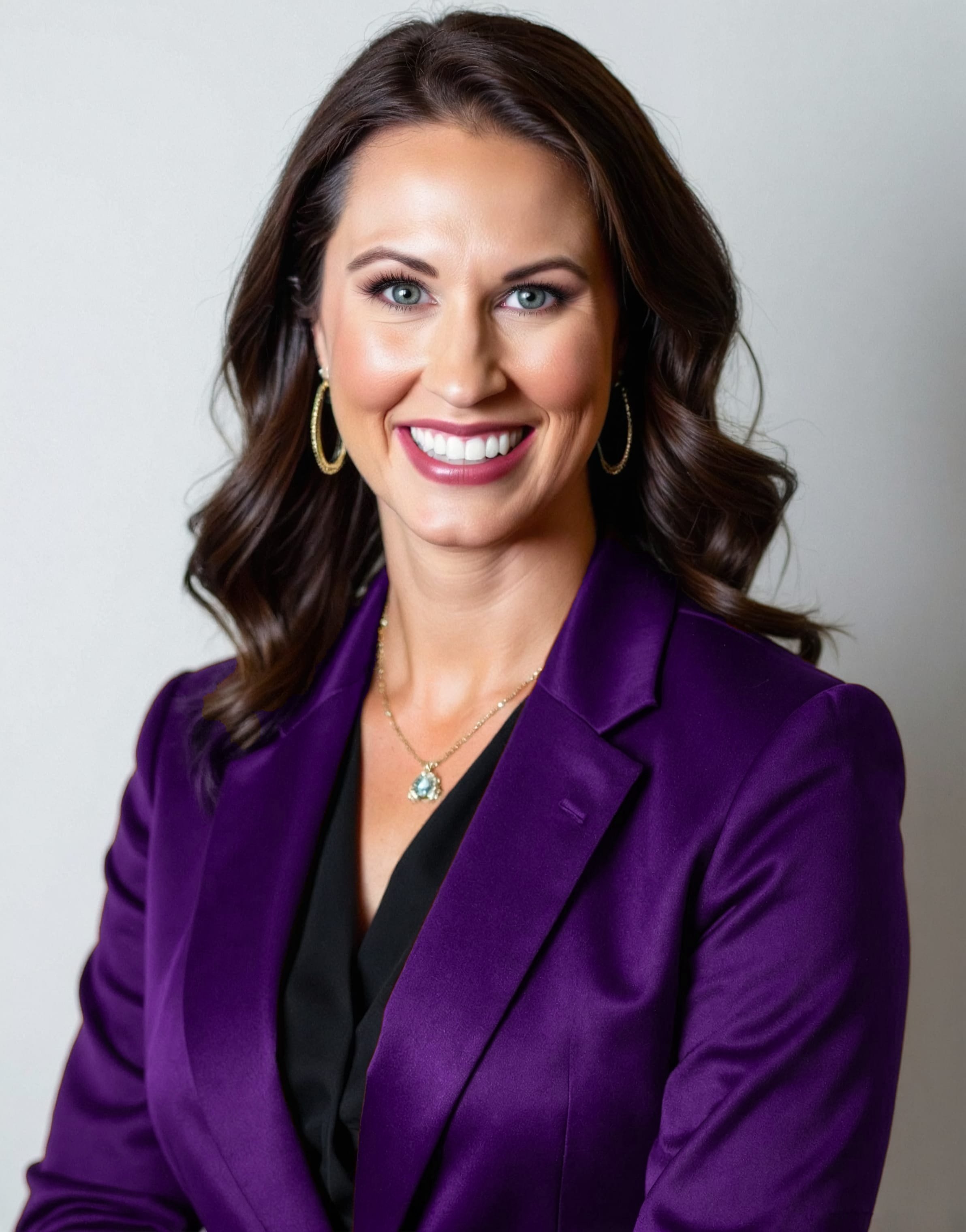 A woman with brown, wavy hair and blue eyes smiling, wearing a purple blazer, black top, gold hoop earrings, and a gold necklace with a turquoise pendant, standing against a plain light background.