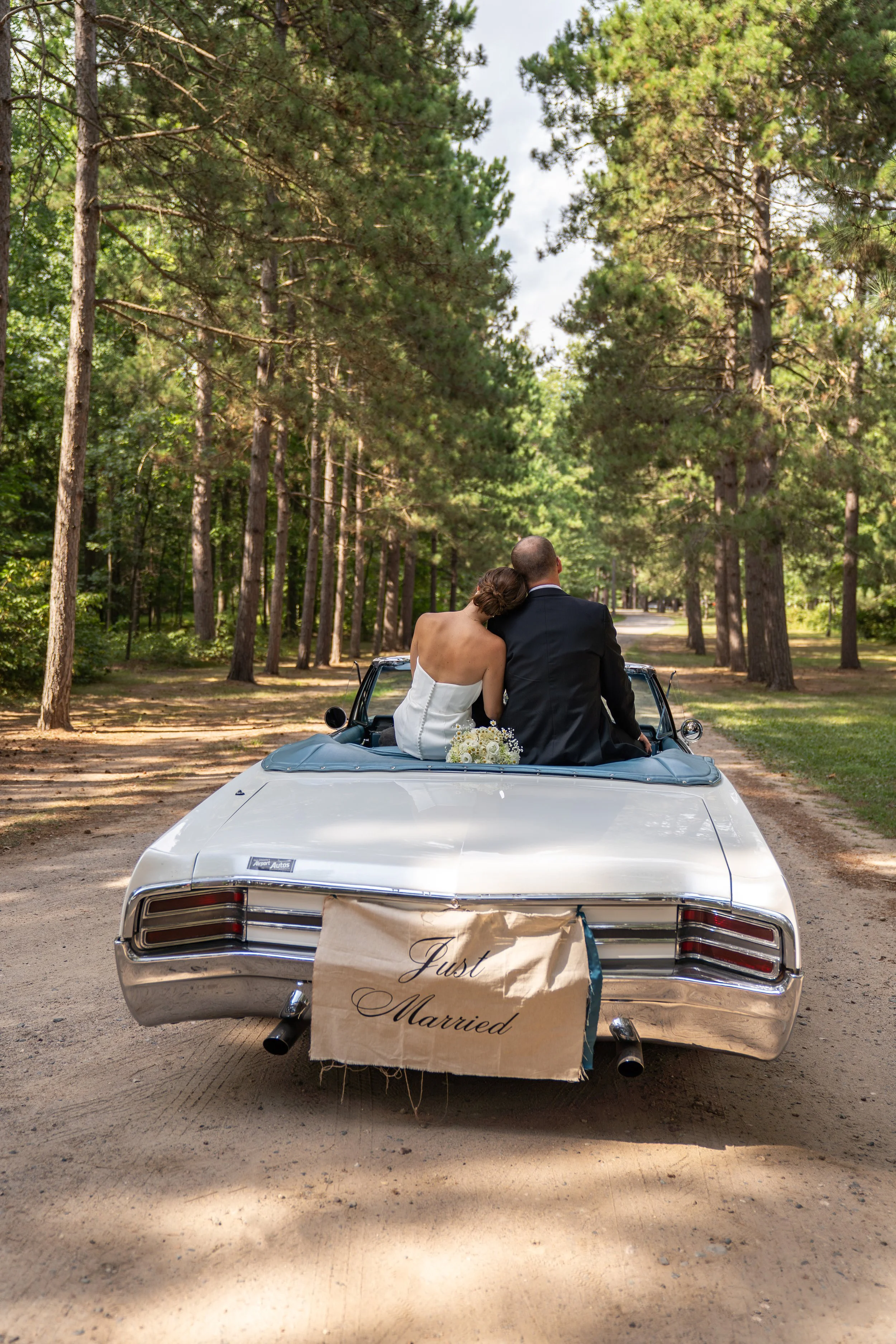 A newly married couple sitting in the back of a vintage white convertible car, with a "Just Married" banner hanging from the back, in a forested area with tall trees on either side of a dirt road.