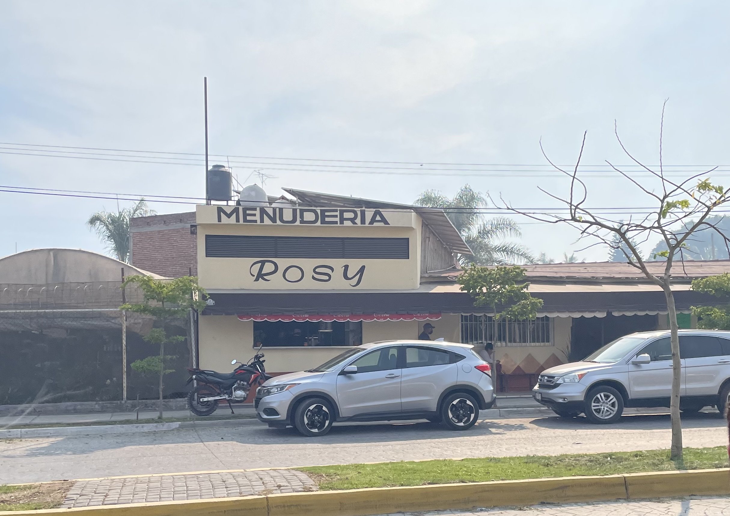 A view of a storefront with a sign that reads 'MENUDERIA ROSY,' parked cars and motorcycles in front, leafless and leafy trees, power lines, and a cloudy sky.