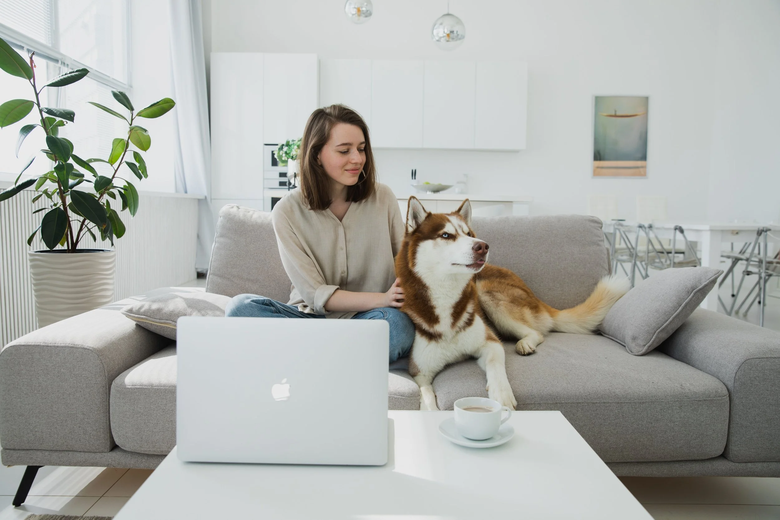 Woman sitting on a light gray couch with a Siberian Husky dog, in a bright, modern living room. The woman is smiling, wearing a beige shirt, and the dog appears relaxed. In front of them is a white coffee table with an open laptop, a cup of coffee, and part of a laptop screen is visible. The room has a large potted plant, white cabinets, and minimal decor.