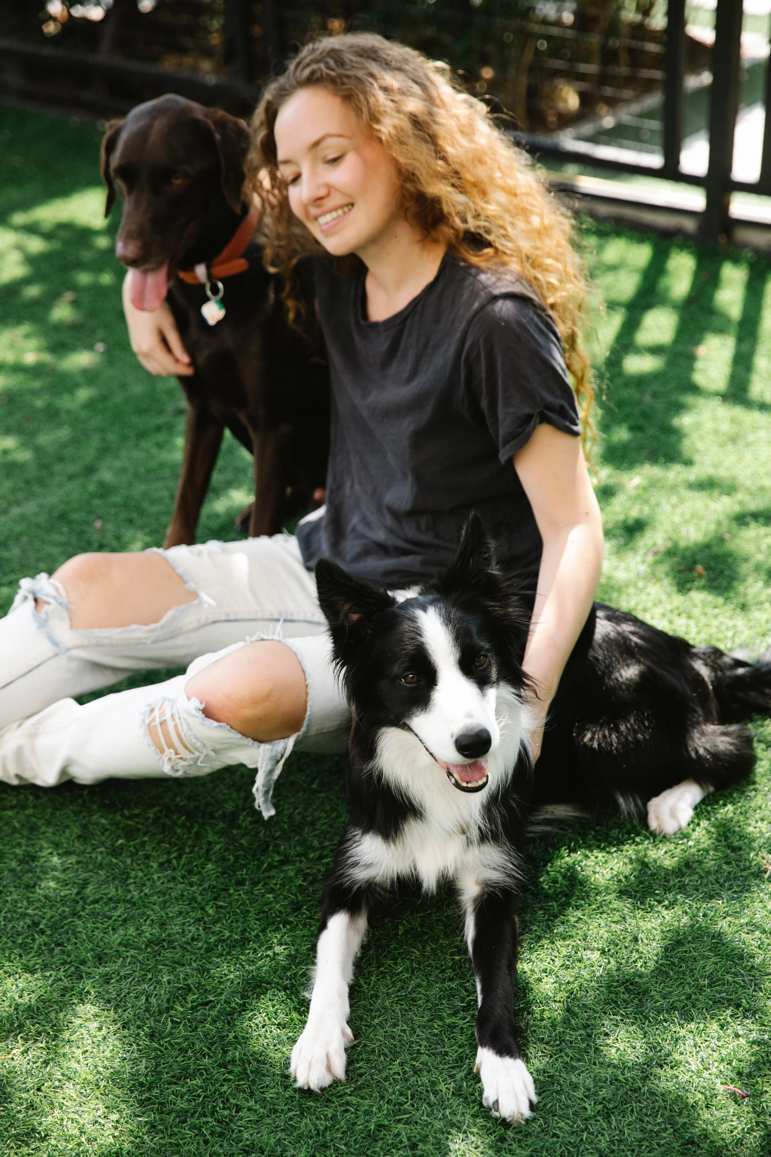 A smiling young woman with curly hair sitting on grass outdoors, surrounded by and with her two dogs, a black and white Border Collie in front and a large brown dog in the background, in a sunny, fenced backyard.