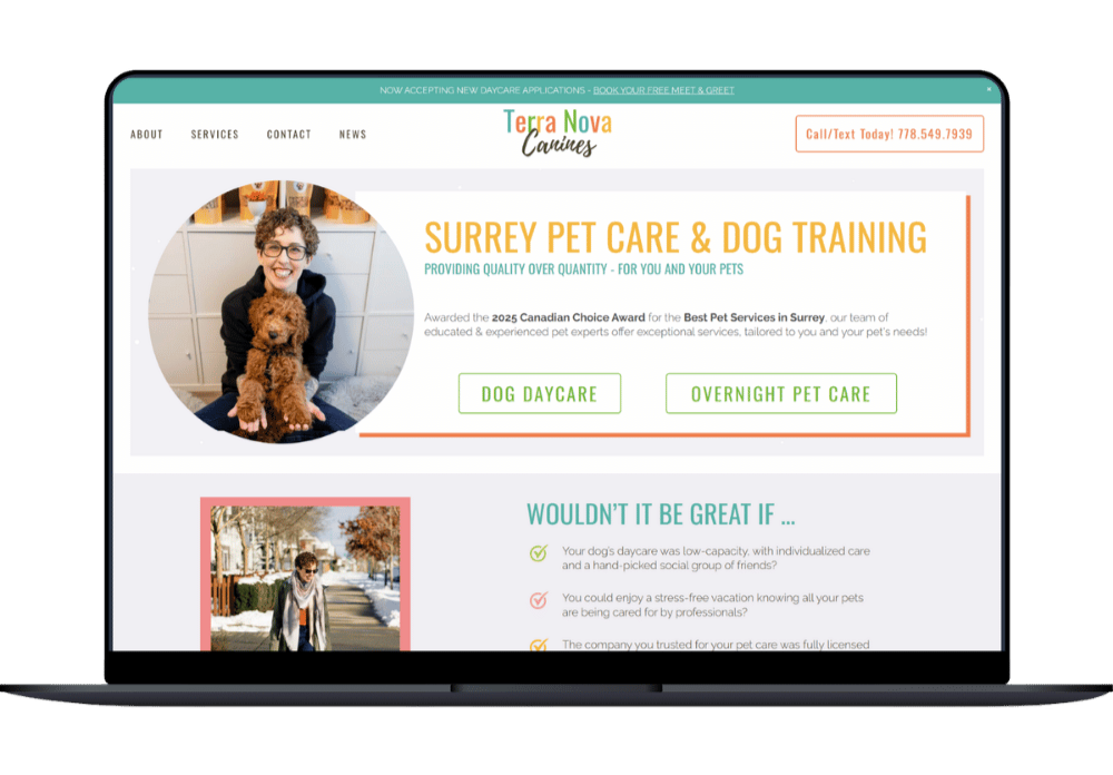 Screenshot of Terra Nova Canines pet care website with a photo of a woman with glasses holding a small brown dog, website title 'Surrey Pet Care & Dog Training', and contact information at the top.