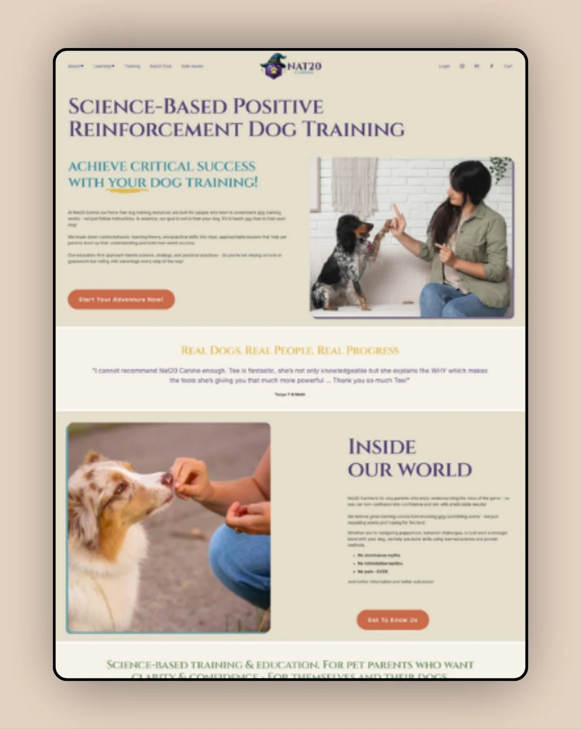 Screenshot of a website about science-based positive reinforcement dog training, with images of a woman and a dog performing training exercises, and a playful interaction between a person and a puppy.