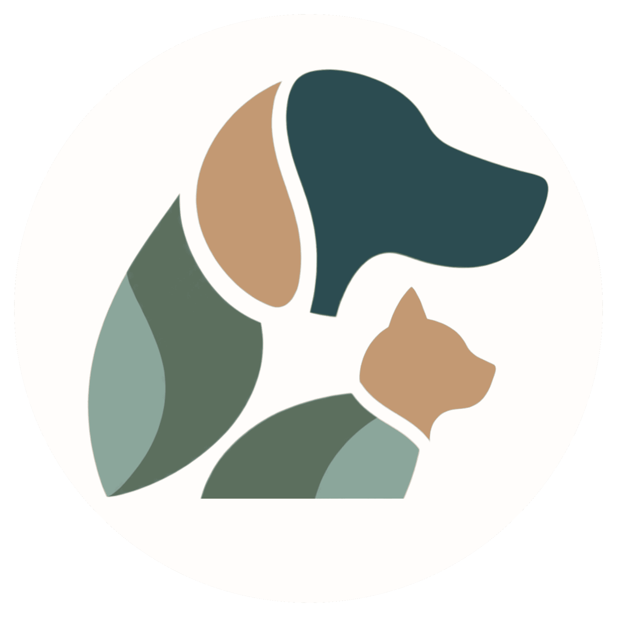 Minimalist illustration of a dog and a cat in earth tones, facing right, formed with simple geometric shapes.