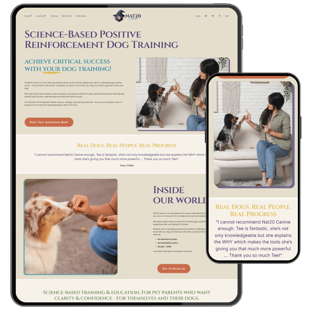 A website homepage for NAT20 Canine, a science-based positive reinforcement dog training service. The page features a woman giving a high-five to a dog while sitting on a couch, with a dog sitting beside her. The site emphasizes training with kindness, confidence, and a focus on understanding dogs.