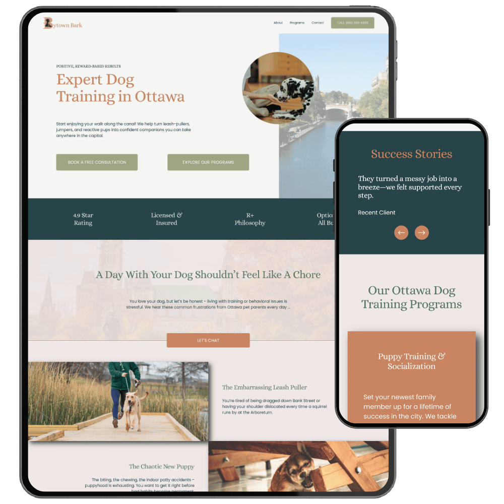Screenshots of a dog training website on a tablet and smartphone. The website offers dog training programs in Ottawa, featuring sections for success stories, consultation booking, and puppy socialization. The tablet screen shows informational content and images of dogs. The smartphone displays success stories and puppy training details.