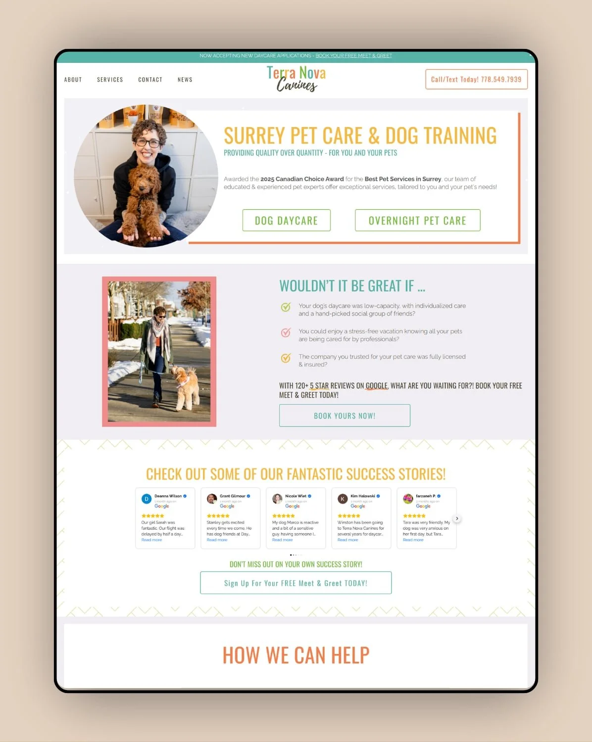 Webpage for Terra Nova Canines pet care and dog training services, featuring a woman with a dog, service options, reviews, and sign-up information.