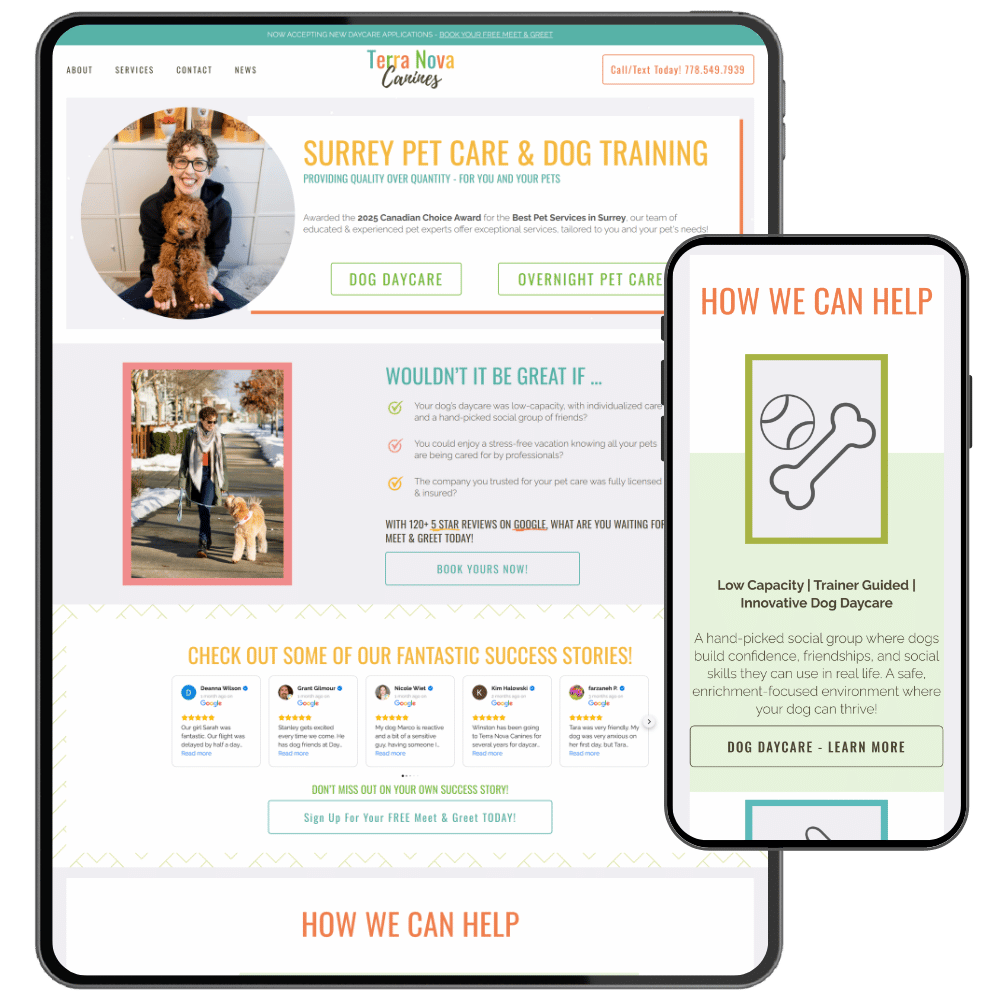 Screenshot of a pet care and dog training website displayed on a tablet and a phone. The website features a woman with glasses holding a dog, sections about pet care services, success stories, and contact information, with colorful buttons and text.