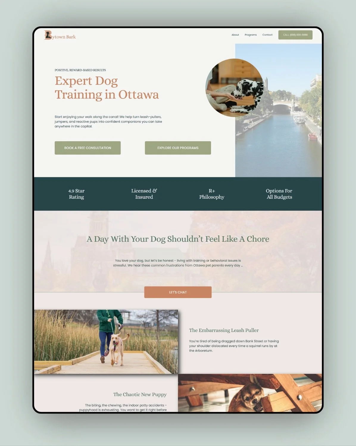 A website homepage for a dog training service in Ottawa, featuring text about expert dog training, a circular image of a Dalmatian class, and sections about dog behavior, reviews, and programs.