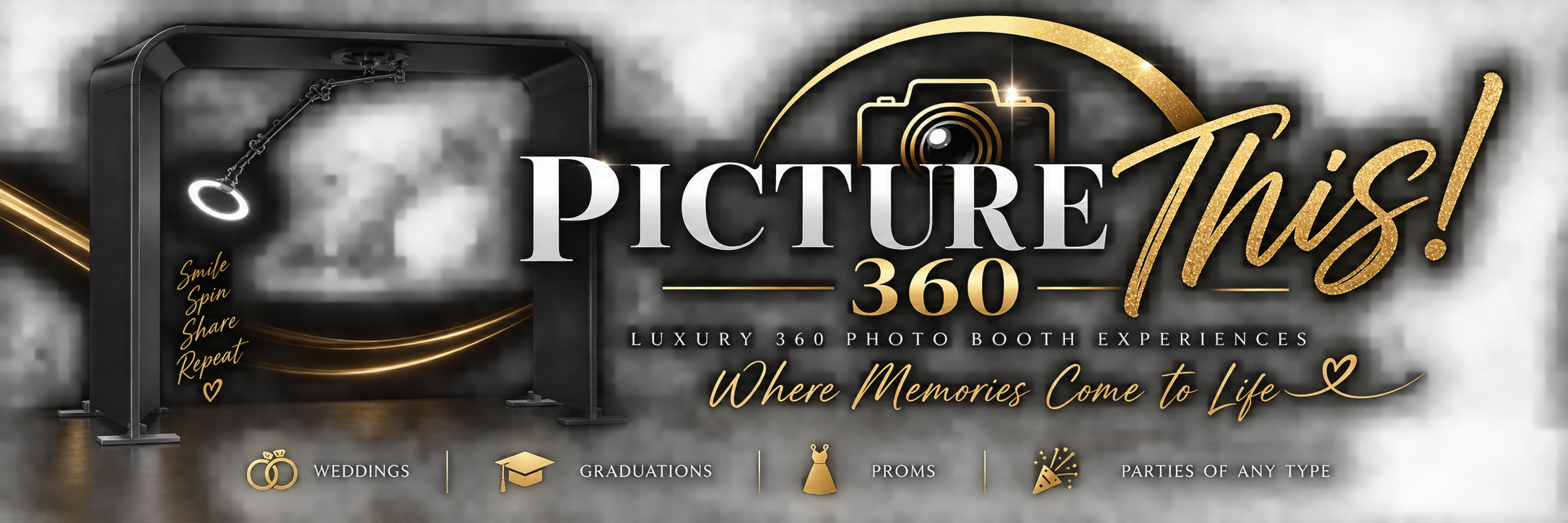 A promotional graphic for 'Picture This 360,' a luxury 360 photo booth experience. The design features black and gold colors, with a camera icon and a photo booth setup on the left. Text highlights services for weddings, graduations, proms, and parties. The slogan is 'Where Memories Come to Life,' with instructions for various photo booth activities like smile, spin, share, and repeat.