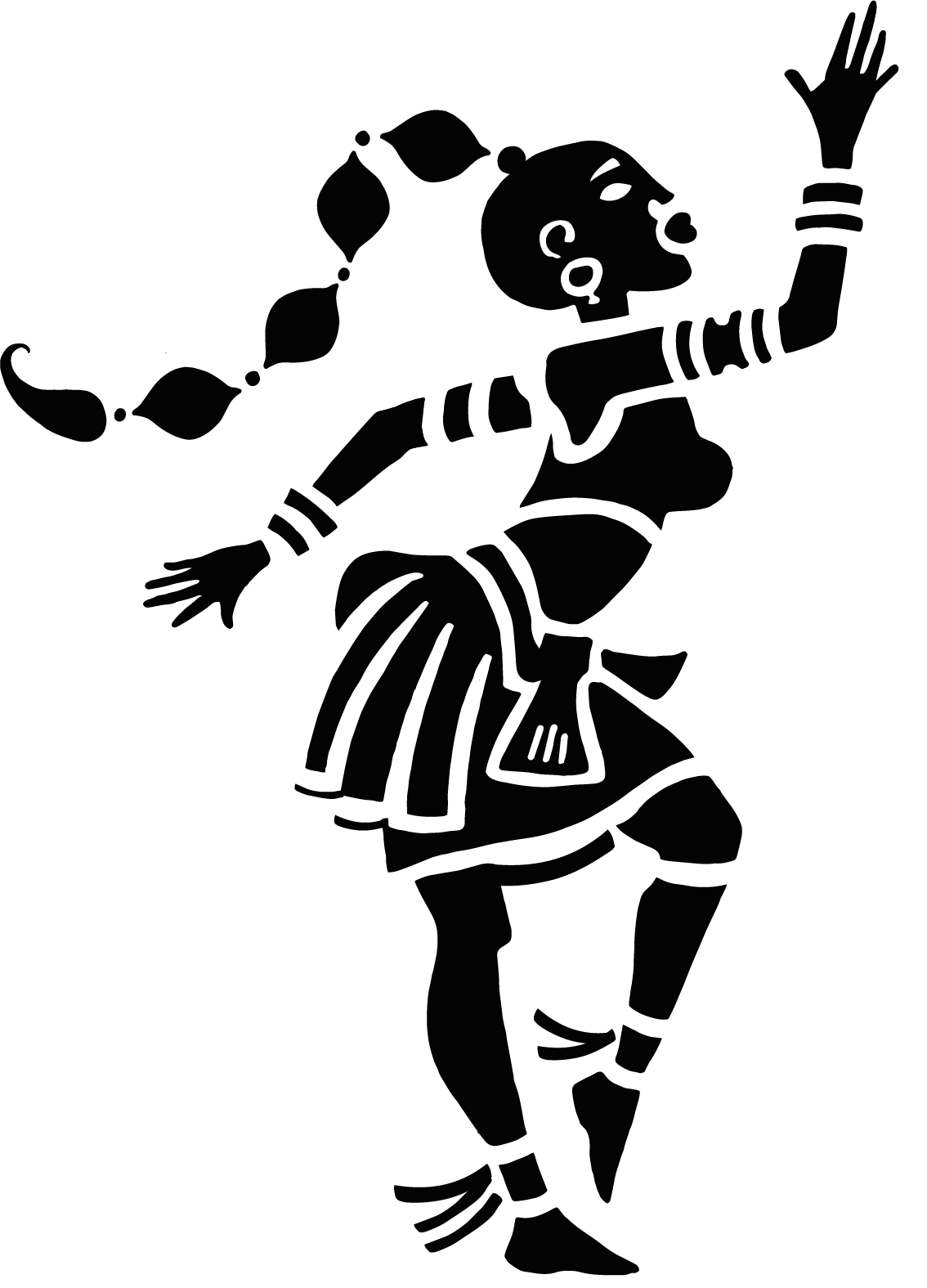 Line drawing of a young girl with a ponytail, wearing a traditional dance costume, performing a dance move with one arm raised and one leg bent.