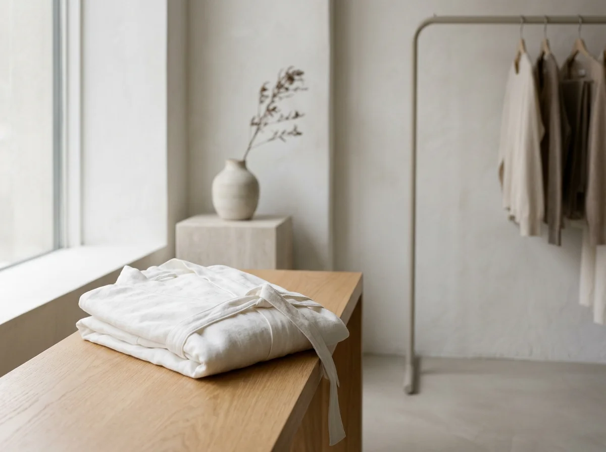 Minimalist bedroom with folded white linens on a wooden table, neutral clothing rack, and vase of dried branches