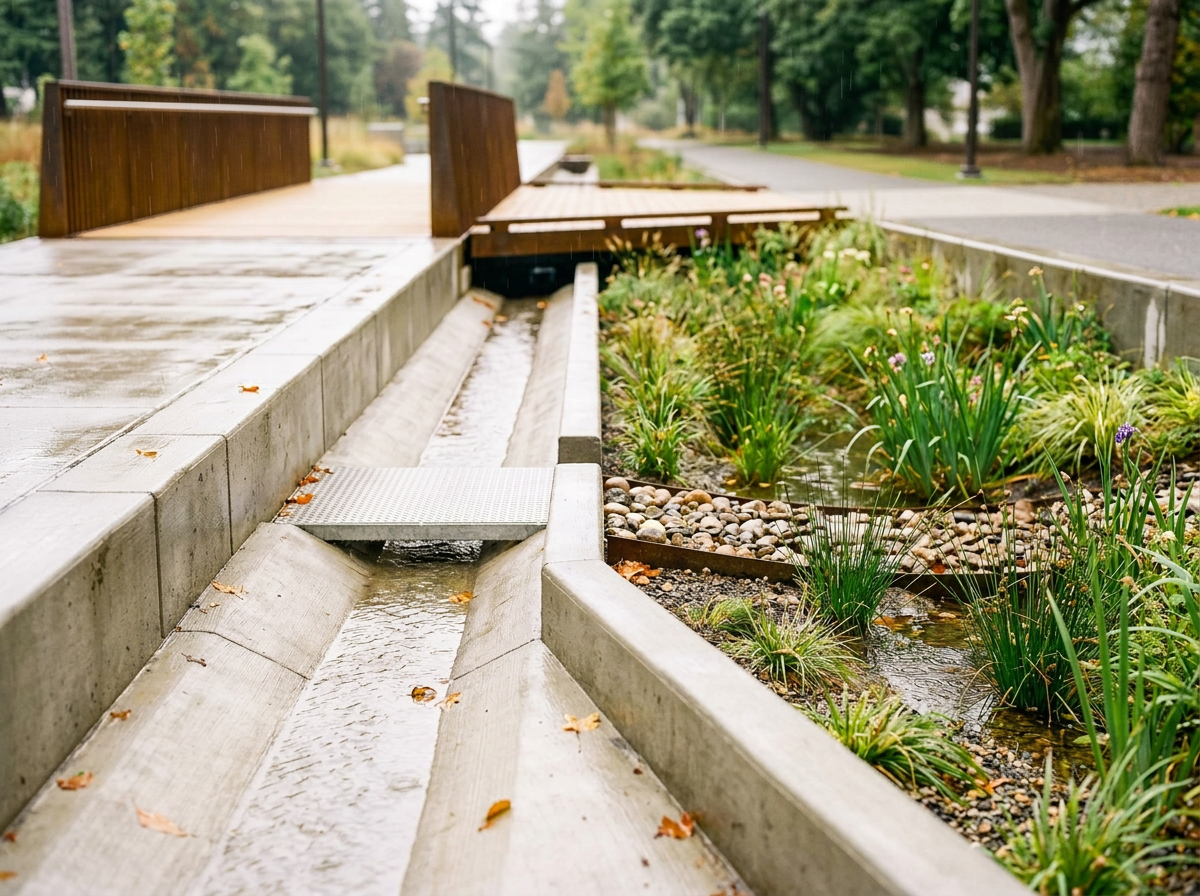 A decorative water feature in a park with a wooden bridge over a concrete channel, surrounded by greenery and plants.