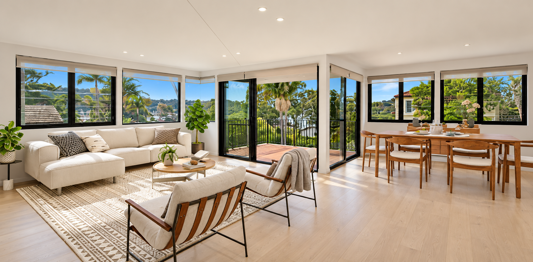 Bright living room with large windows, beige sofa, contemporary chairs, wooden dining table, indoor plants, and a view of a lush green landscape outside.
