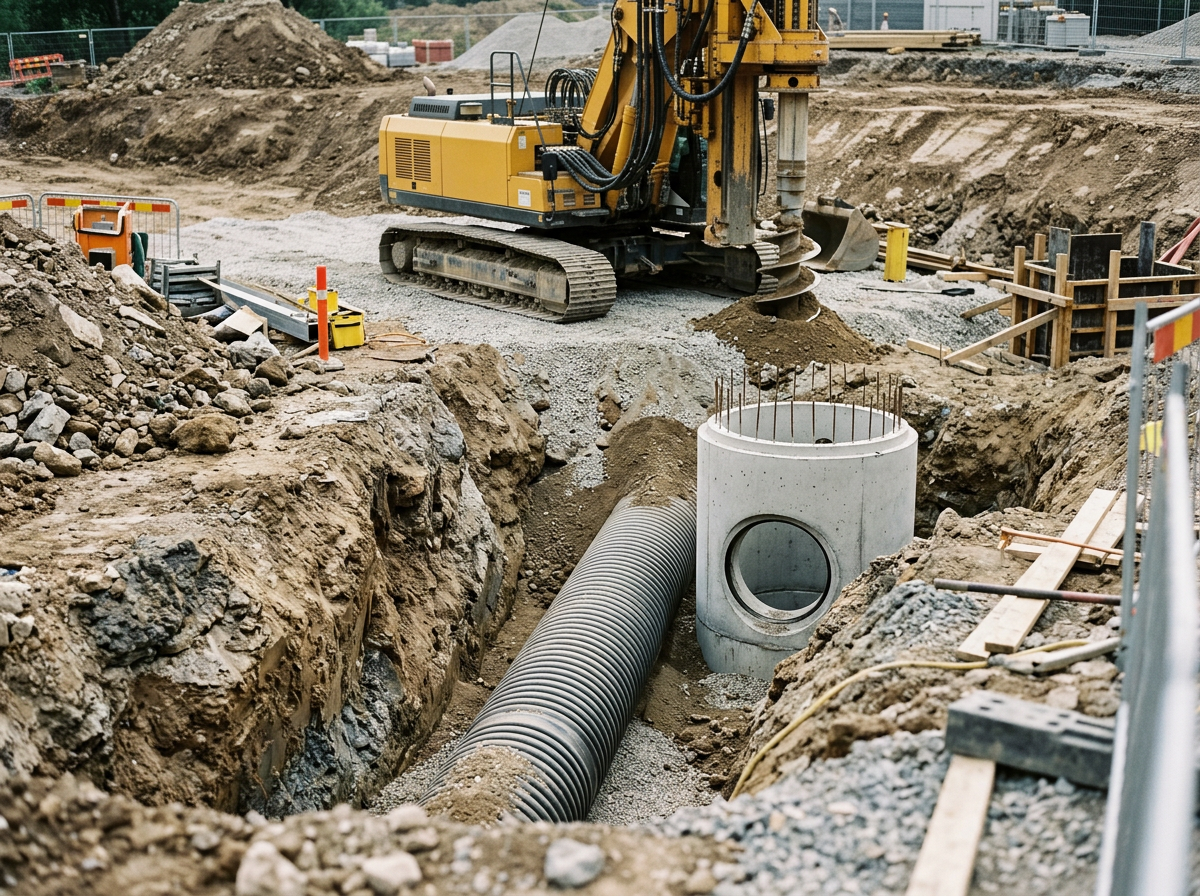 Construction site with a large yellow excavator installing underground piping, including a concrete manhole and a corrugated pipe in a deep trench, surrounded by dirt and construction barriers.