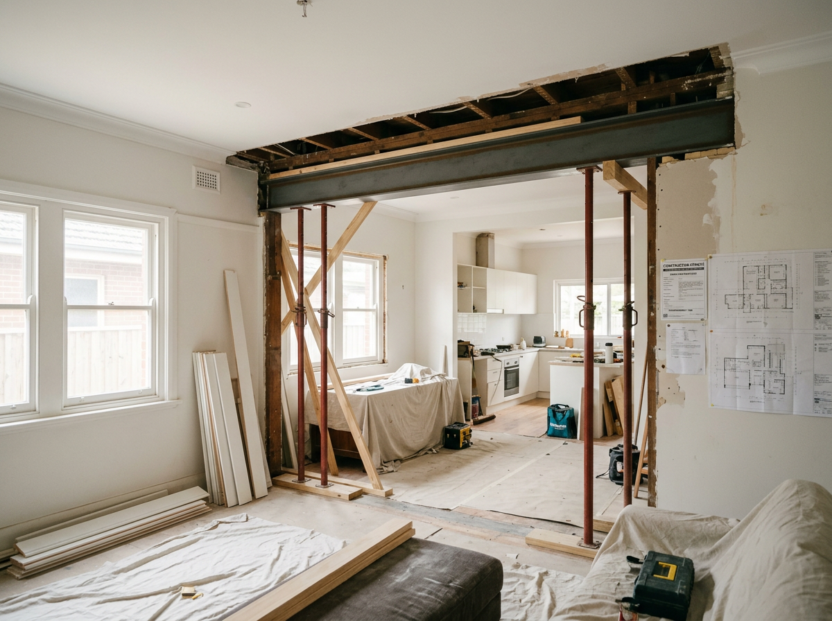 Home renovation in progress with a kitchen and living area being remodeled, exposed ceiling beams, construction tools, and equipment