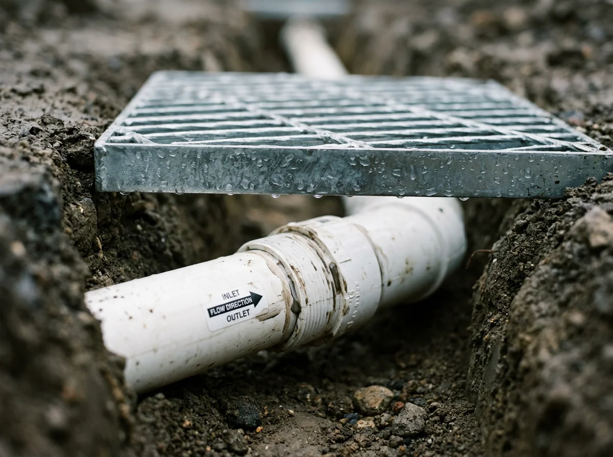 Close-up of a white PVC pipe with an inlet and outlet label, embedded in the ground beneath a metal drainage grate, with water droplets on the grate.